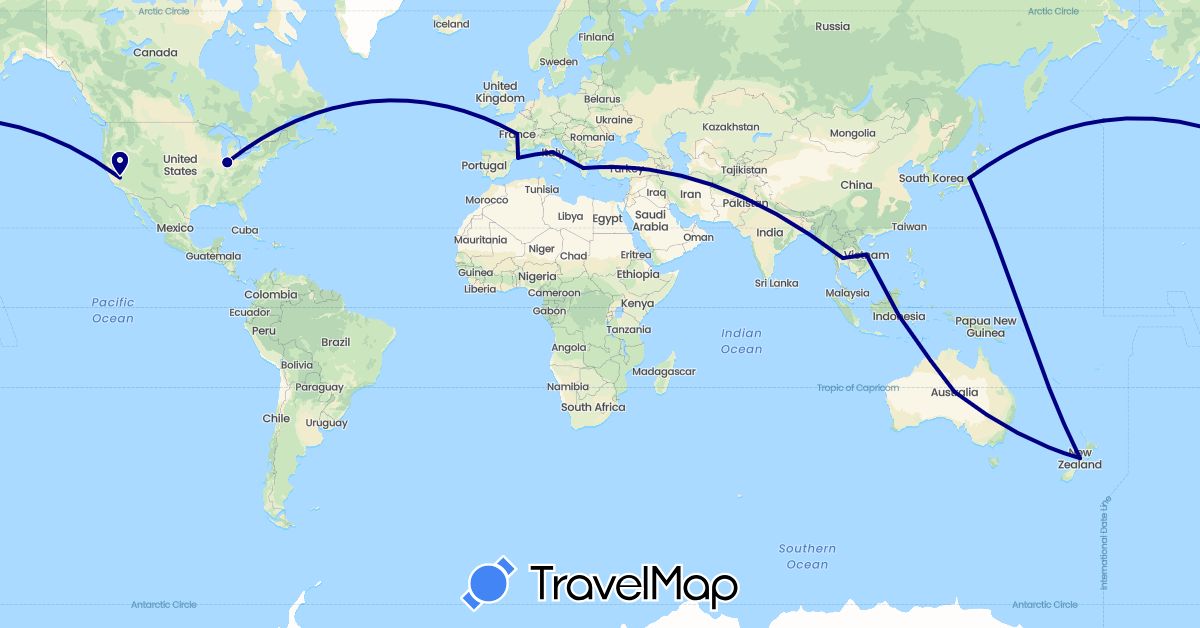 TravelMap itinerary: driving in Australia, Spain, France, Greece, Indonesia, Italy, Japan, New Zealand, Thailand, United States (Asia, Europe, North America, Oceania)